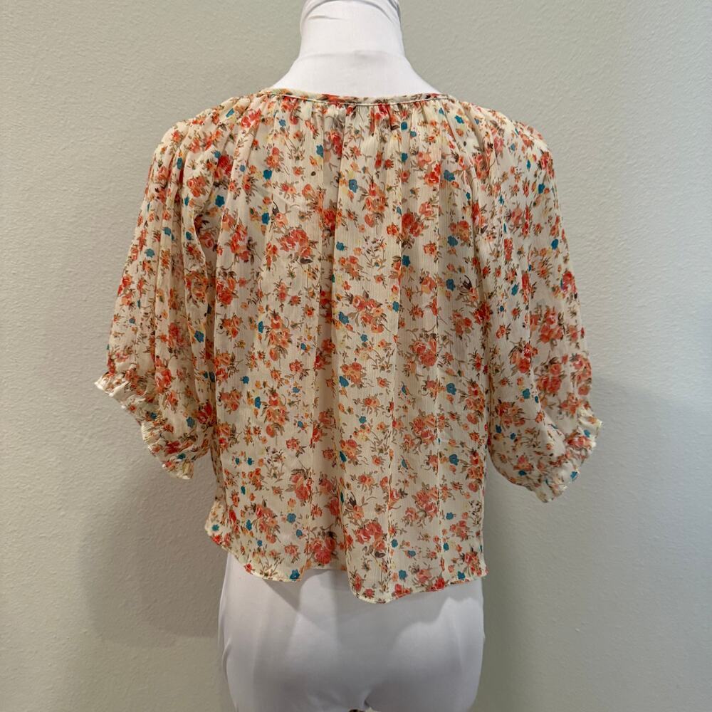 Poetry Sheer Floral Tie Front Peasant Blouse Boho Cottagecore Medium Coquette - Picture 3 of 10